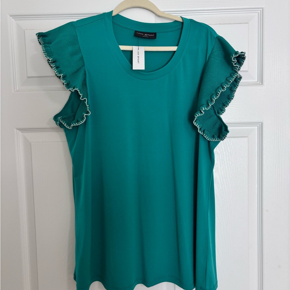 Lane Bryant Teal Ruffle Sleeve Short Sleeve Tee